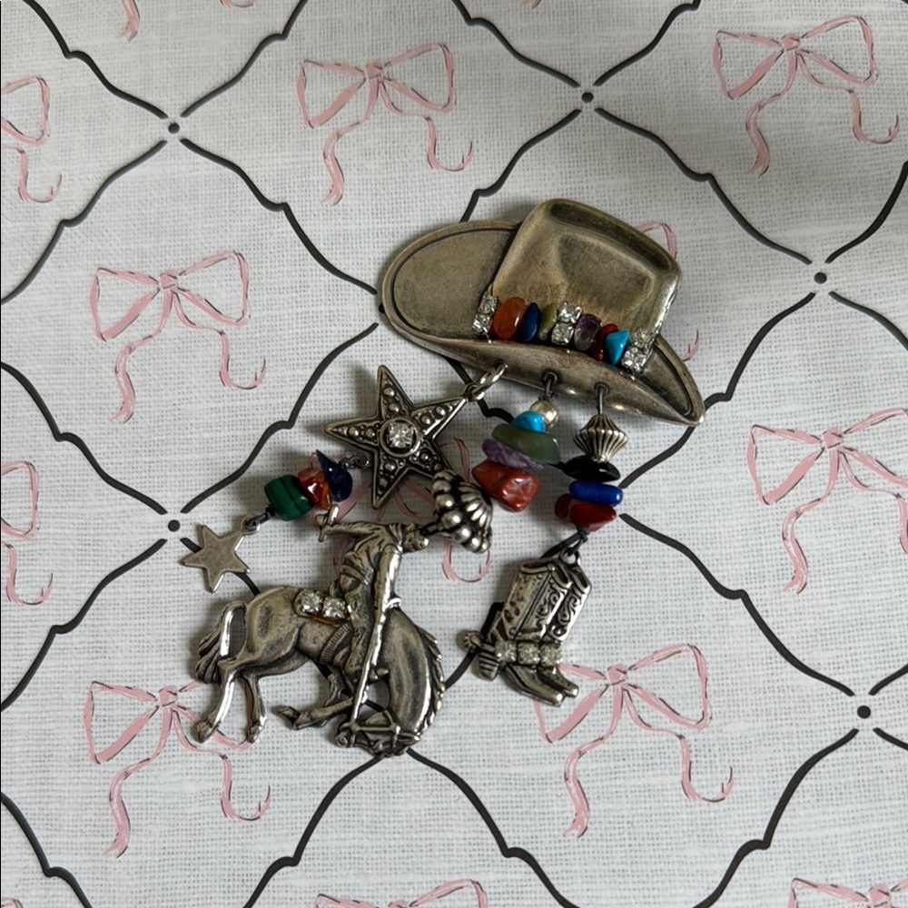 Vintage Western Themed Silver Brooch with Multicolor Beads